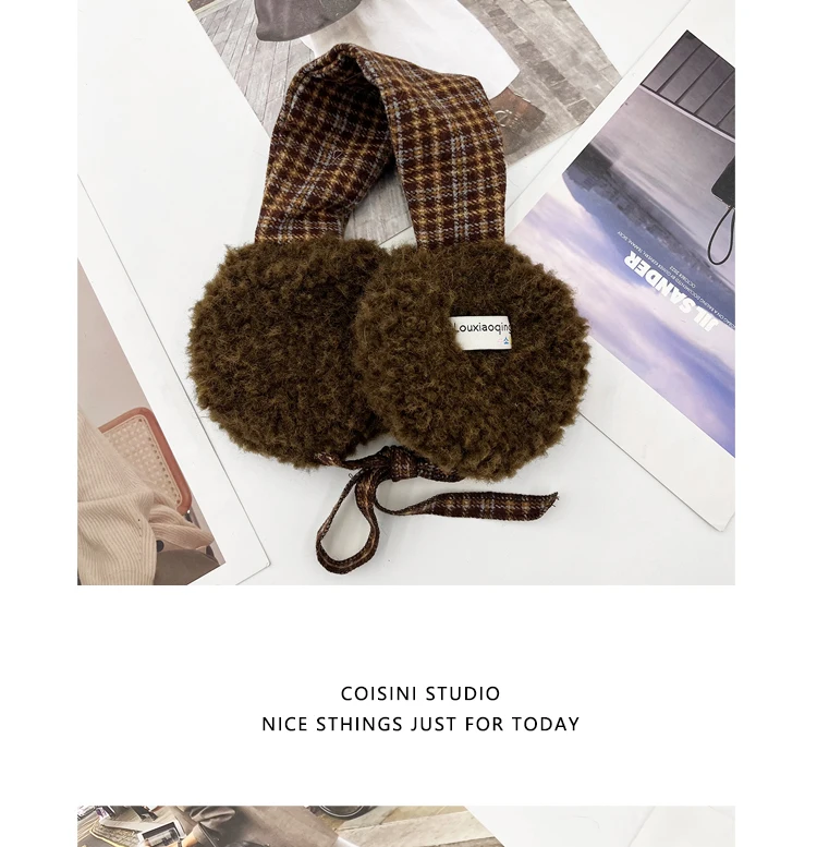 Korean Retro Contrasting Color Straps Plush Earmuffs for Women Winter Travel Warm Ear Protection Versatile Sweet Earflaps