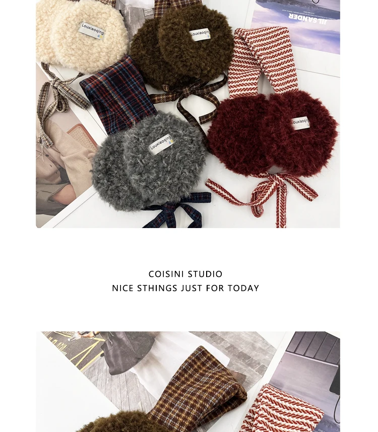 Korean Retro Contrasting Color Straps Plush Earmuffs for Women Winter Travel Warm Ear Protection Versatile Sweet Earflaps