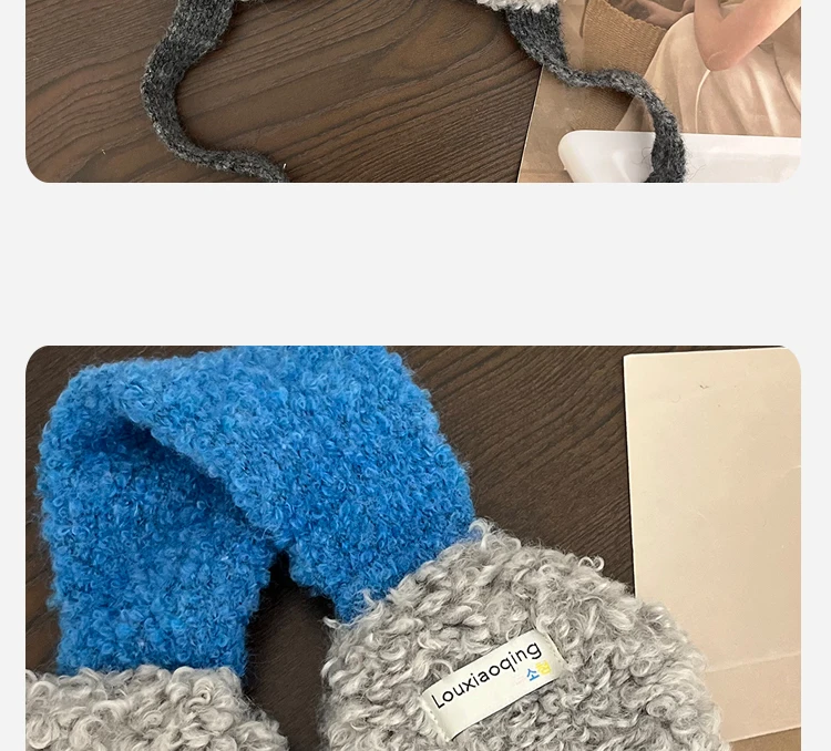 Korean Ins Contrasting Color Straps Earmuffs for Women Winter Fashion Versatile Thermal Ear Protectors Plush Pullover Hats