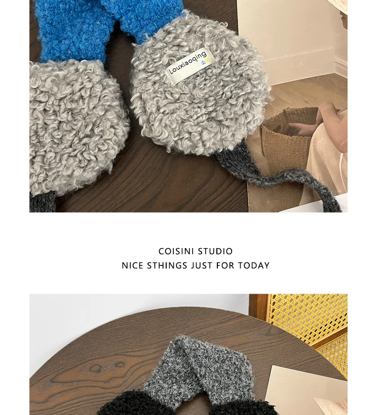 Korean Ins Contrasting Color Straps Earmuffs for Women Winter Fashion Versatile Thermal Ear Protectors Plush Pullover Hats
