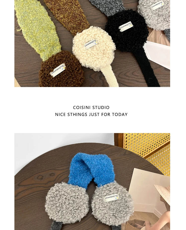 Korean Ins Contrasting Color Straps Earmuffs for Women Winter Fashion Versatile Thermal Ear Protectors Plush Pullover Hats