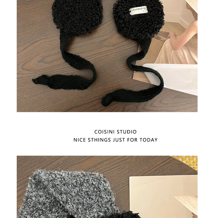Korean Ins Contrasting Color Straps Earmuffs for Women Winter Fashion Versatile Thermal Ear Protectors Plush Pullover Hats