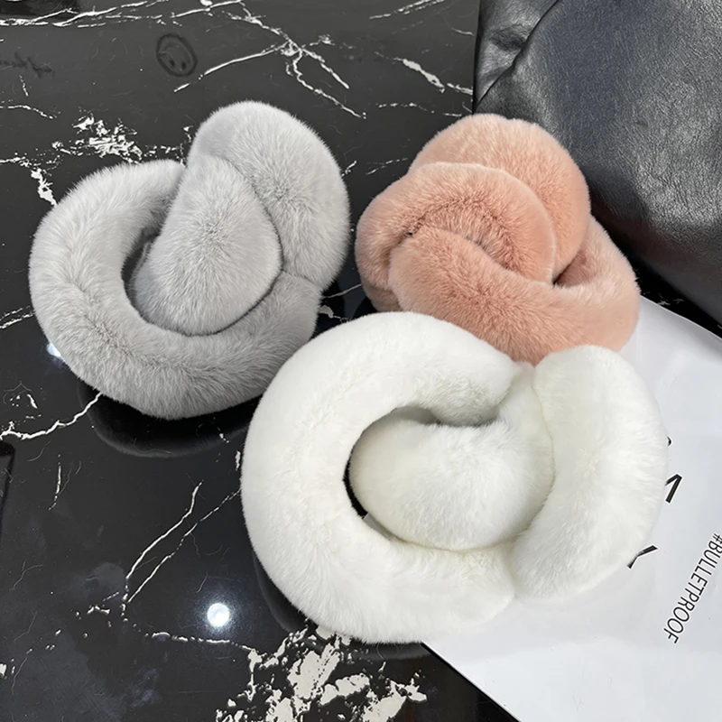Real Rex Rabbit Fur Earmuffs for Women Winter Ear Warmers Soft Warm Furry Ear Muffs for Cold Weather