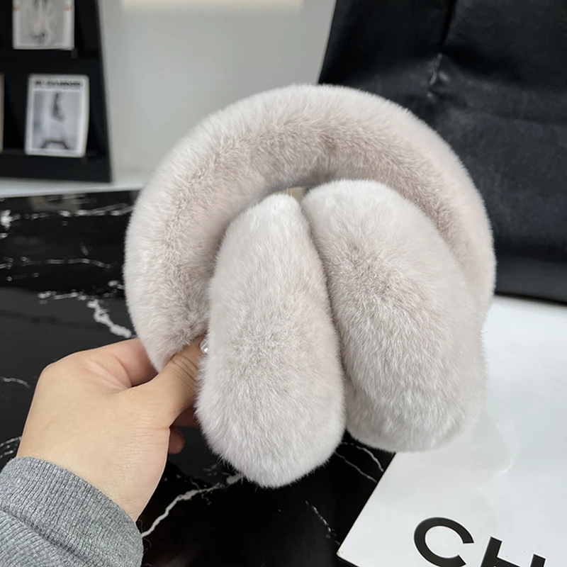 Real Rex Rabbit Fur Earmuffs for Women Winter Ear Warmers Soft Warm Furry Ear Muffs for Cold Weather