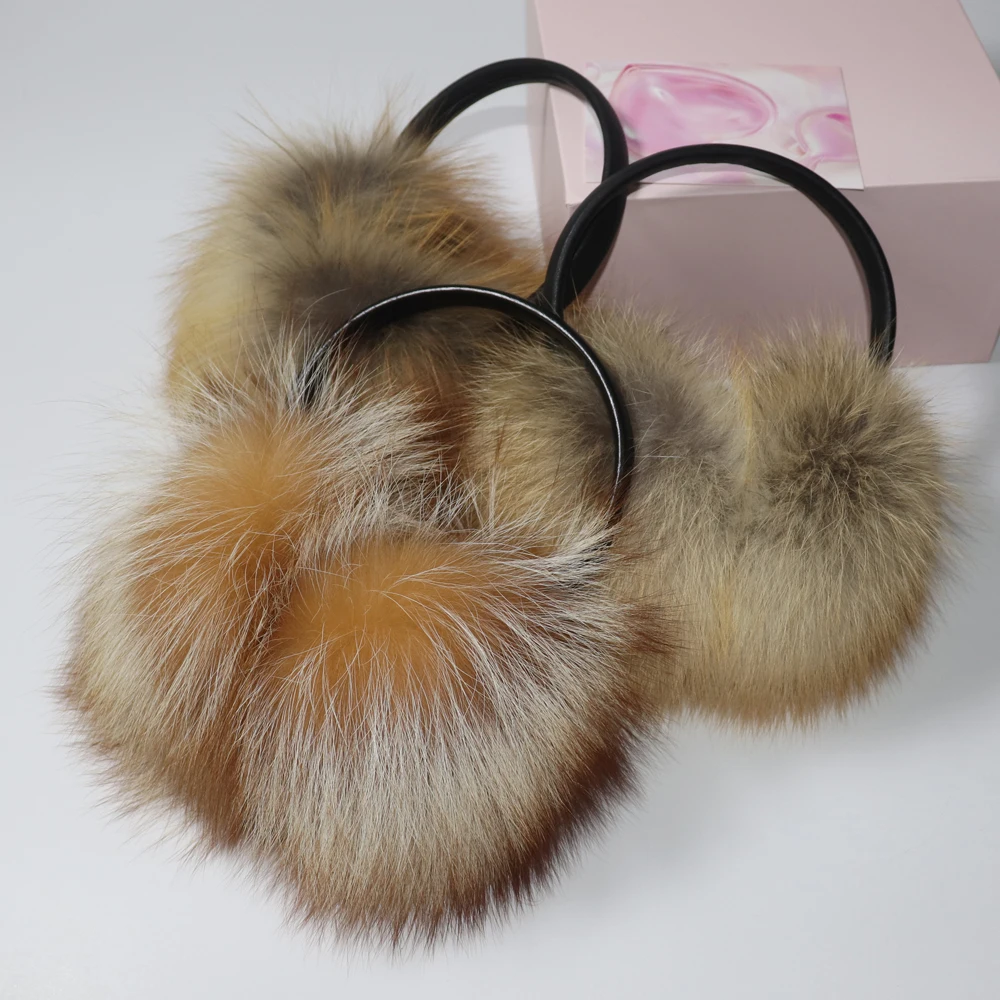 New 100% Natural Fox Fur Earlaps Fashion Women Fluffy Real Fox Fur Earmuffs Winter Lady Big Pompoms Fox Fur Plush Ear Muff