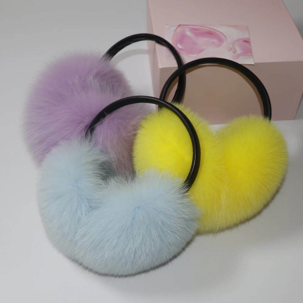 New 100% Natural Fox Fur Earlaps Fashion Women Fluffy Real Fox Fur Earmuffs Winter Lady Big Pompoms Fox Fur Plush Ear Muff