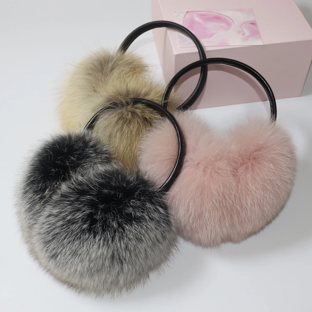 New 100% Natural Fox Fur Earlaps Fashion Women Fluffy Real Fox Fur Earmuffs Winter Lady Big Pompoms Fox Fur Plush Ear Muff