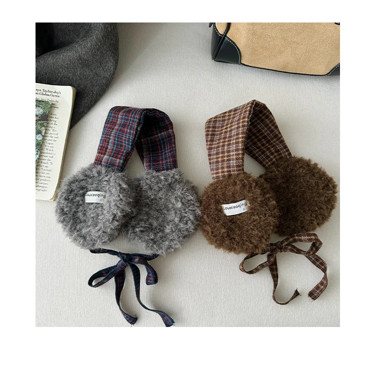 Retro Plaid Earmuffs For Women New Winter Style For Outdoor Cold Protection Thickened Warm Earmuffs With Straps For