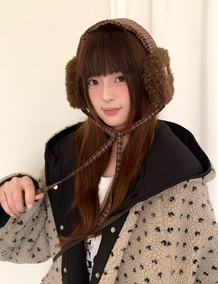 Retro Plaid Earmuffs For Women New Winter Style For Outdoor Cold Protection Thickened Warm Earmuffs With Straps For