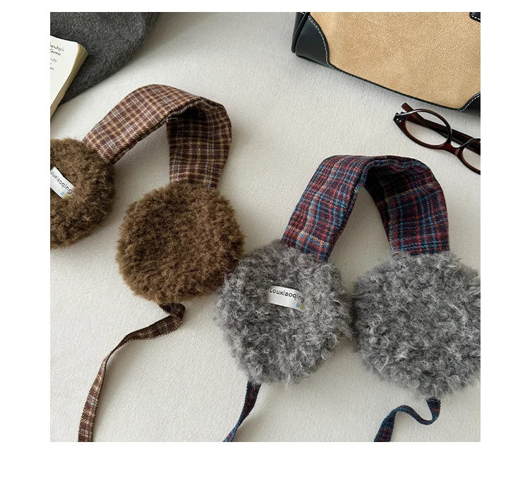 Retro Plaid Earmuffs For Women New Winter Style For Outdoor Cold Protection Thickened Warm Earmuffs With Straps For