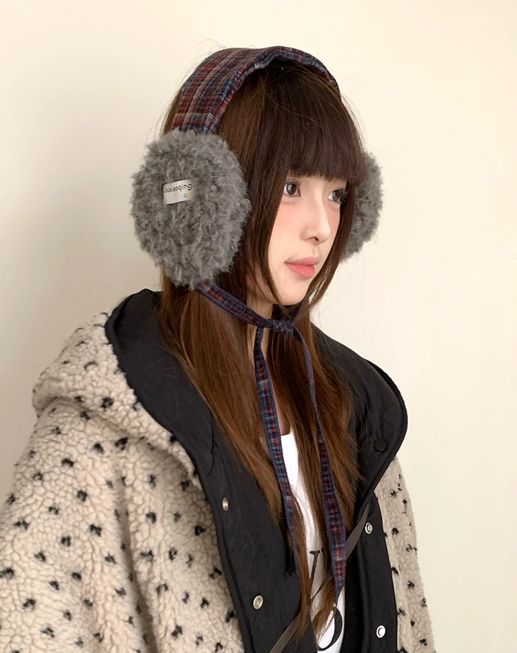 Retro Plaid Earmuffs For Women New Winter Style For Outdoor Cold Protection Thickened Warm Earmuffs With Straps For