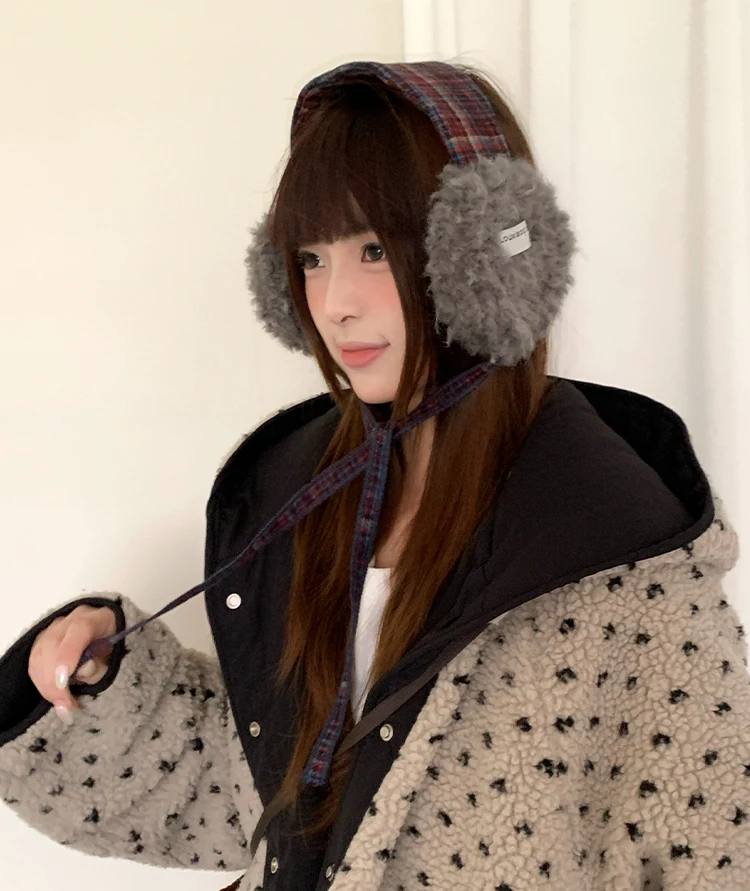 Retro Plaid Earmuffs For Women New Winter Style For Outdoor Cold Protection Thickened Warm Earmuffs With Straps For