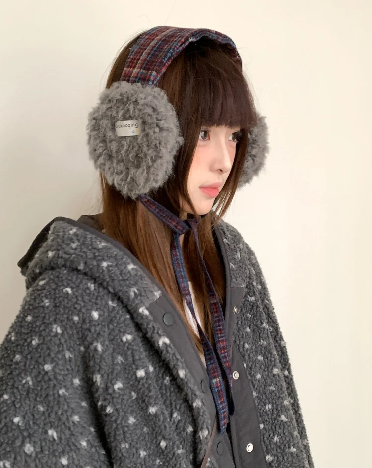 Retro Plaid Earmuffs For Women New Winter Style For Outdoor Cold Protection Thickened Warm Earmuffs With Straps For