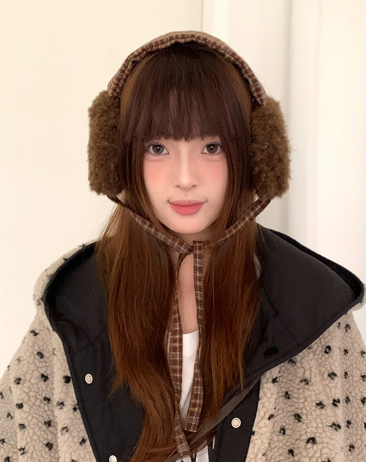 Retro Plaid Earmuffs For Women New Winter Style For Outdoor Cold Protection Thickened Warm Earmuffs With Straps For