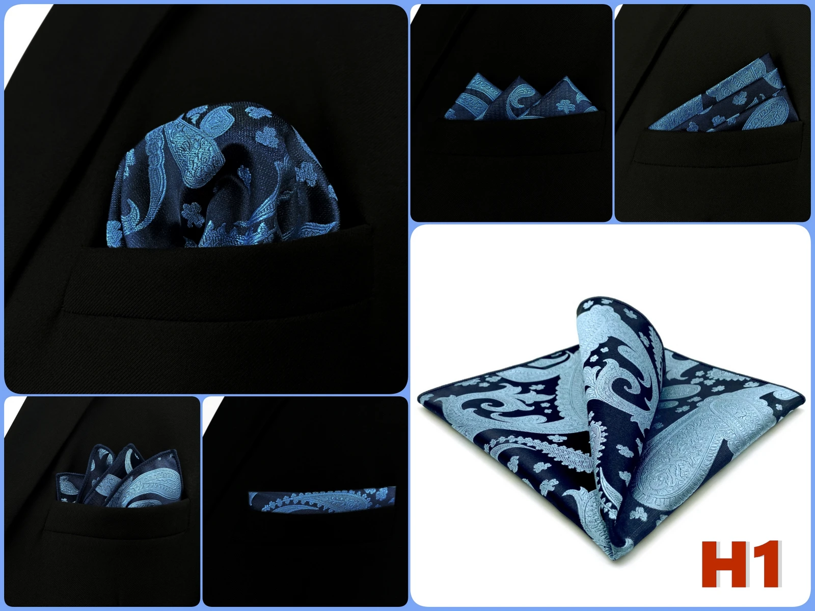Mens Navy Blue Pocket Square Handkerchief Dark Royal Blue Paisley Floral Suit Pocket Towel Hanky Business Wedding Accessories