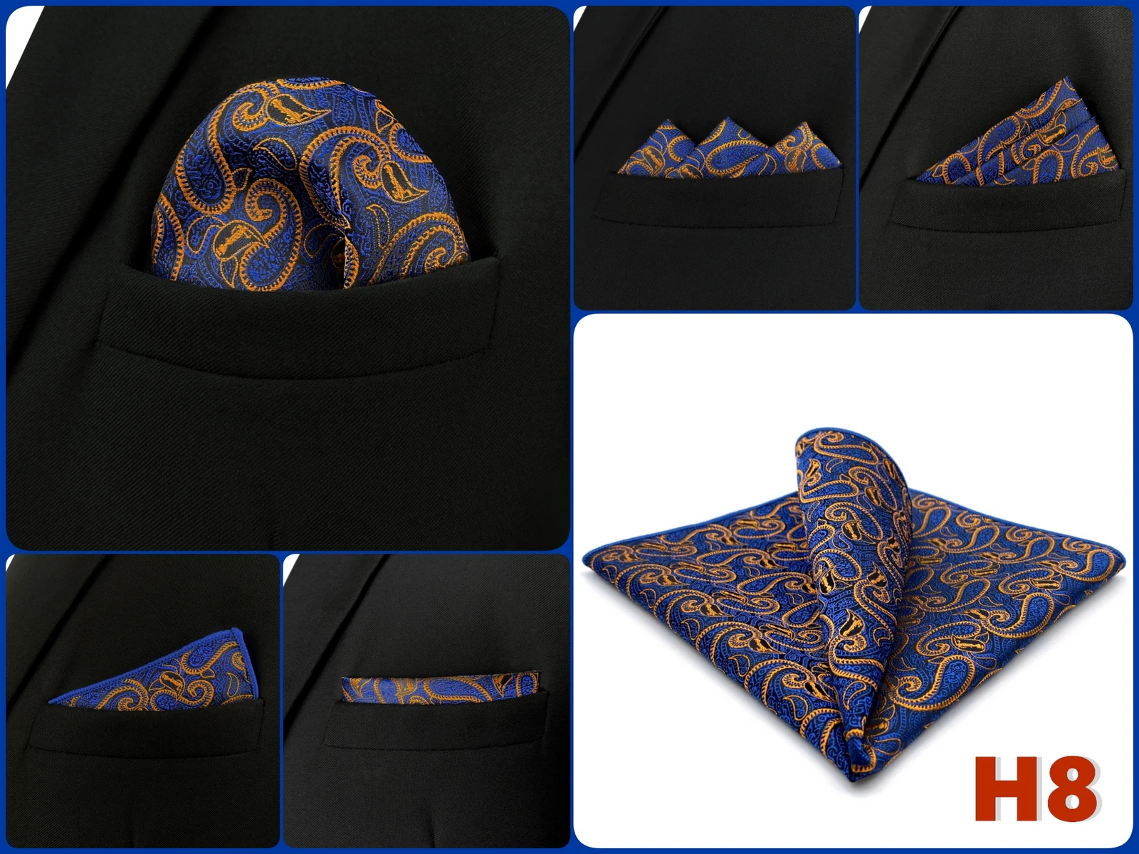 Mens Navy Blue Pocket Square Handkerchief Dark Royal Blue Paisley Floral Suit Pocket Towel Hanky Business Wedding Accessories