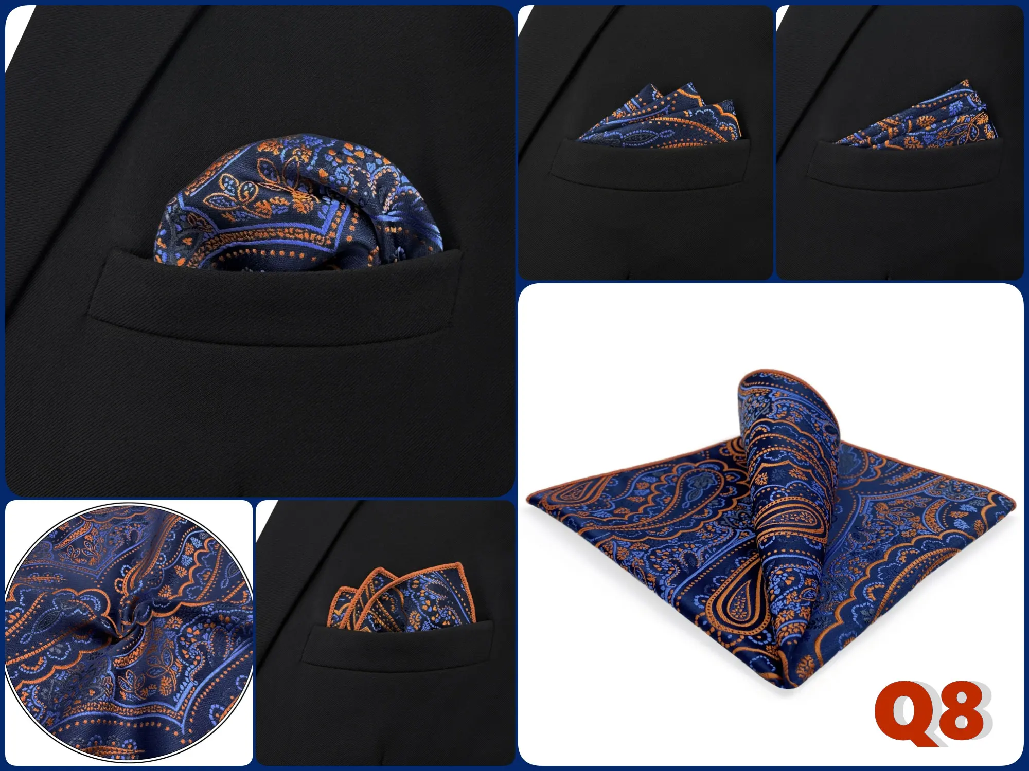 Mens Navy Blue Pocket Square Handkerchief Dark Royal Blue Paisley Floral Suit Pocket Towel Hanky Business Wedding Accessories