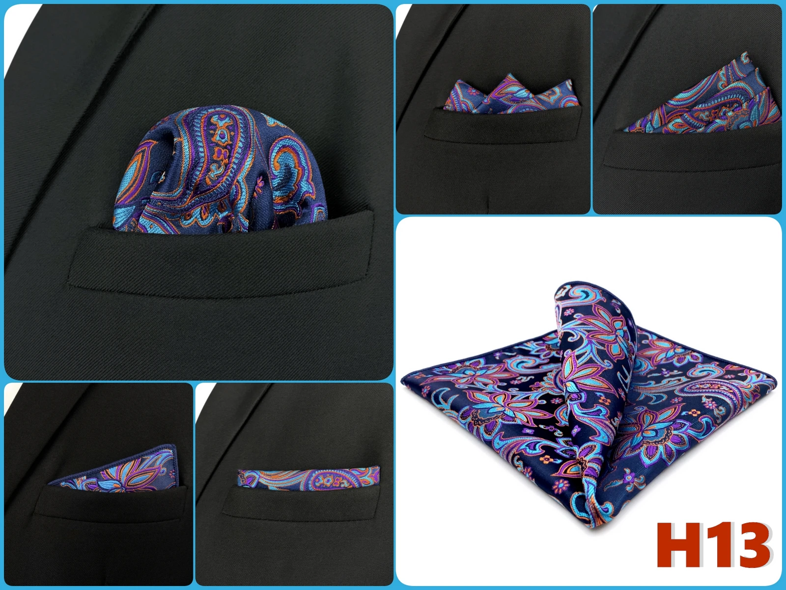 Mens Navy Blue Pocket Square Handkerchief Dark Royal Blue Paisley Floral Suit Pocket Towel Hanky Business Wedding Accessories