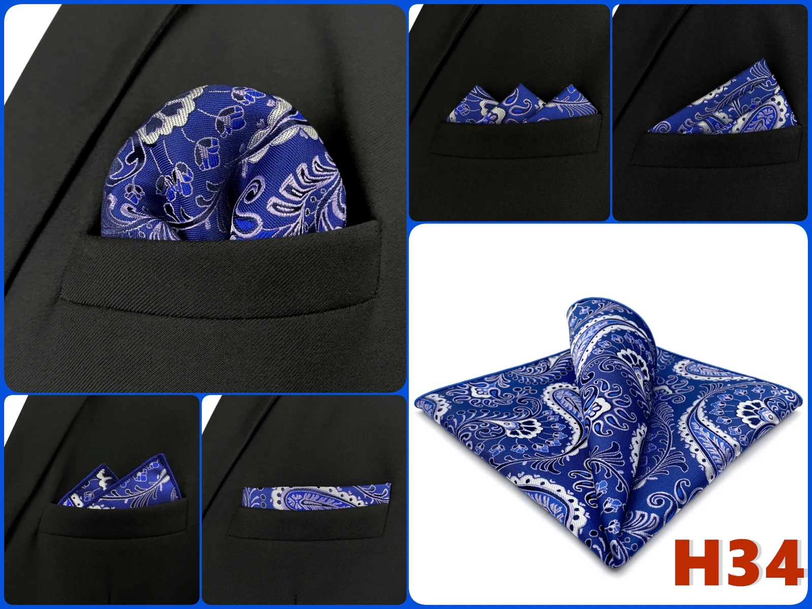 Mens Navy Blue Pocket Square Handkerchief Dark Royal Blue Paisley Floral Suit Pocket Towel Hanky Business Wedding Accessories