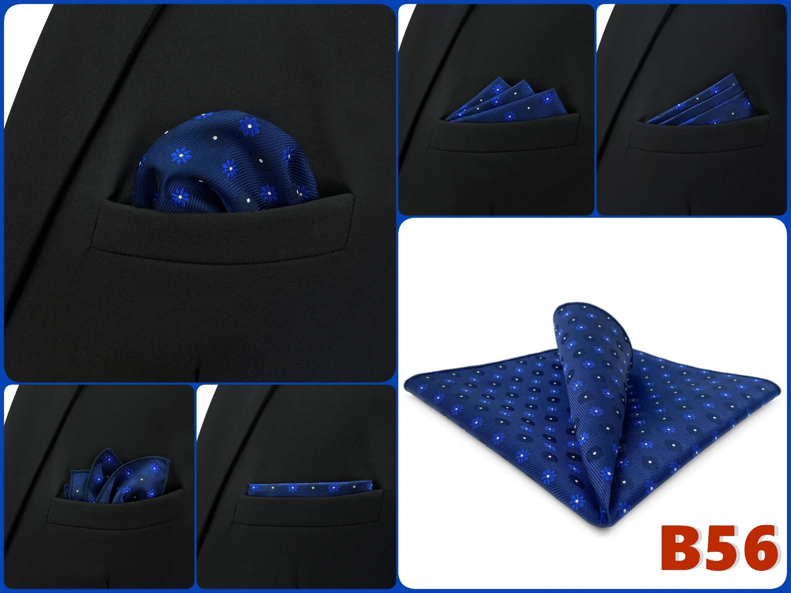 Mens Navy Blue Pocket Square Handkerchief Dark Royal Blue Paisley Floral Suit Pocket Towel Hanky Business Wedding Accessories