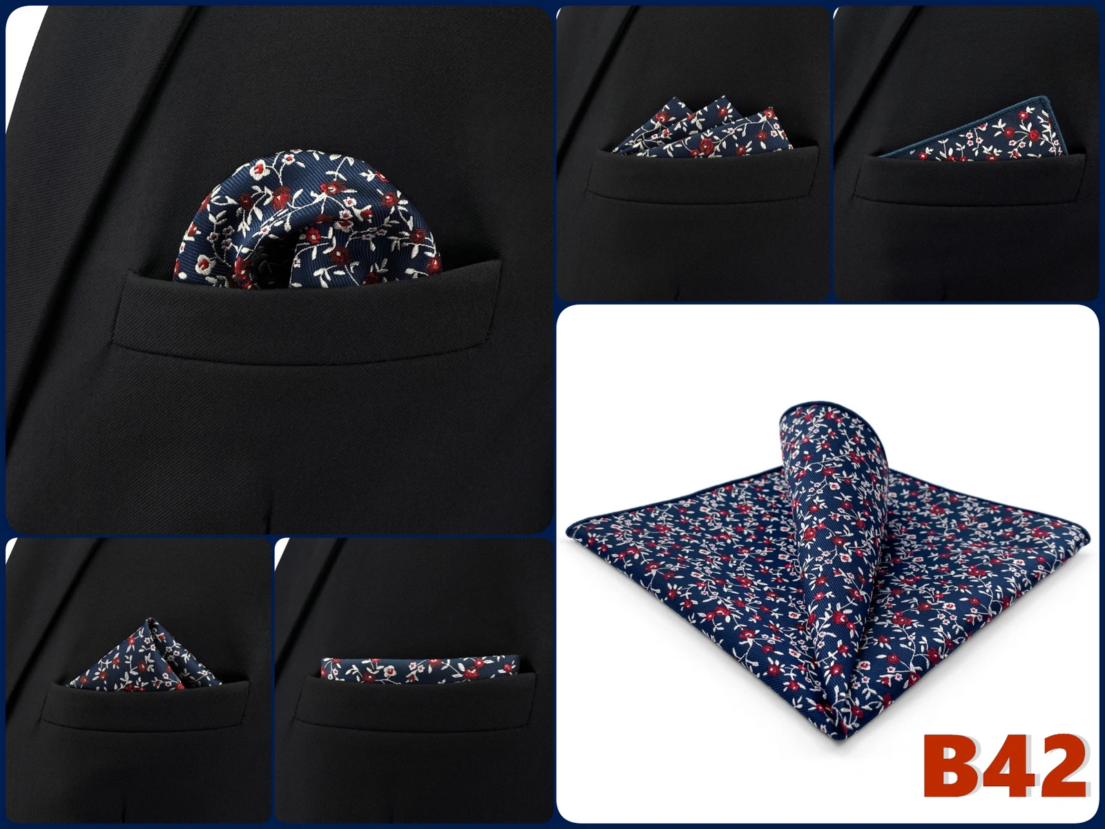 Mens Navy Blue Pocket Square Handkerchief Dark Royal Blue Paisley Floral Suit Pocket Towel Hanky Business Wedding Accessories