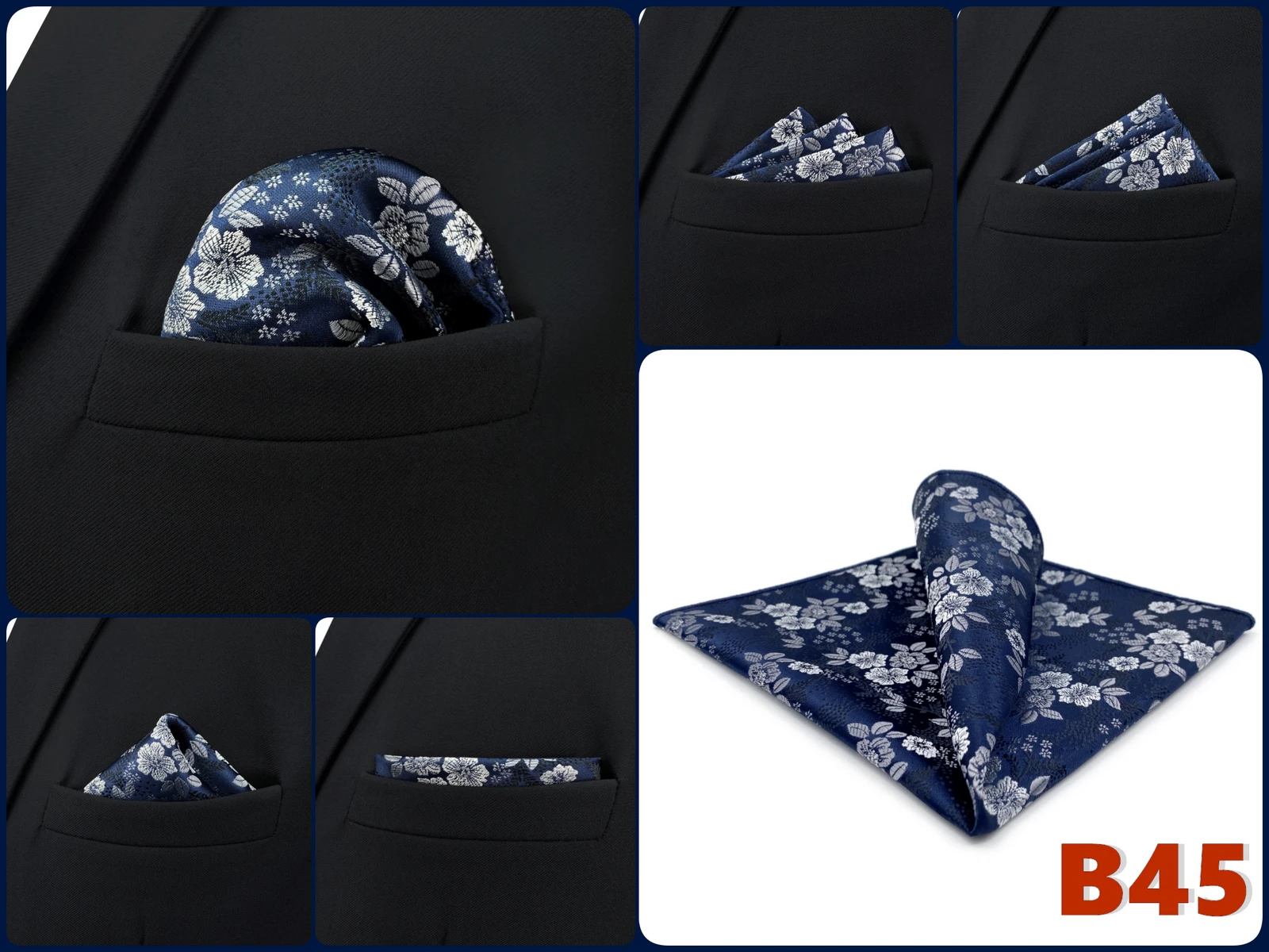 Mens Navy Blue Pocket Square Handkerchief Dark Royal Blue Paisley Floral Suit Pocket Towel Hanky Business Wedding Accessories