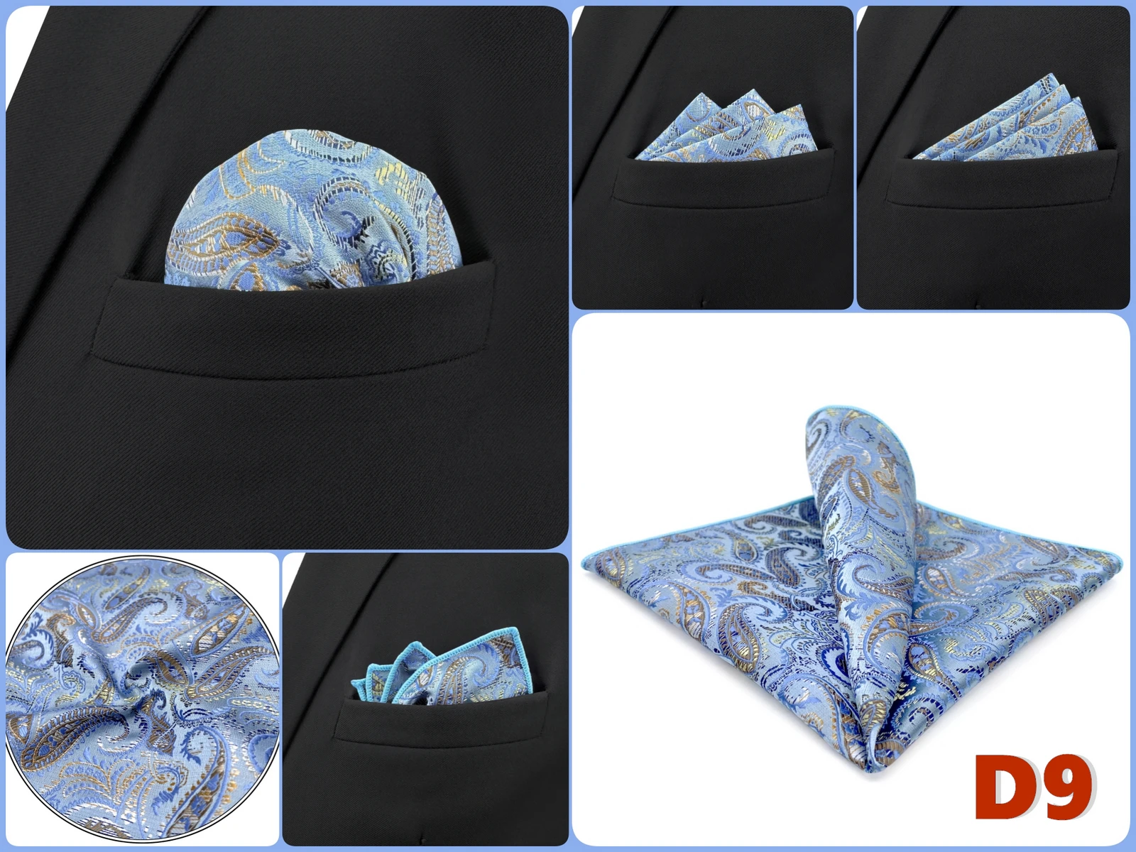 Mens Navy Blue Pocket Square Handkerchief Dark Royal Blue Paisley Floral Suit Pocket Towel Hanky Business Wedding Accessories