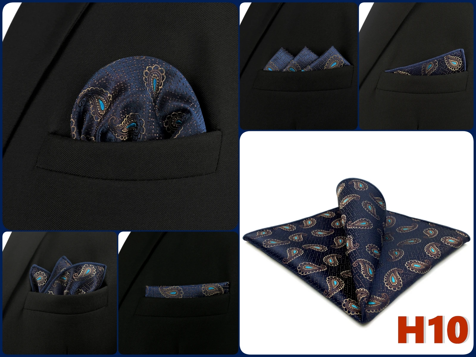 Mens Navy Blue Pocket Square Handkerchief Dark Royal Blue Paisley Floral Suit Pocket Towel Hanky Business Wedding Accessories