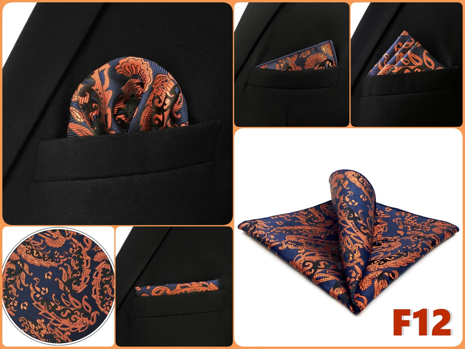 Mens Navy Blue Pocket Square Handkerchief Dark Royal Blue Paisley Floral Suit Pocket Towel Hanky Business Wedding Accessories