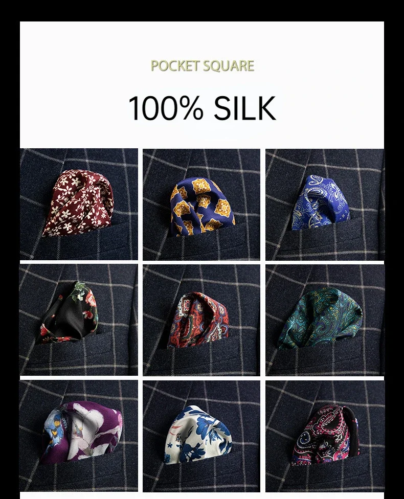 Men 100% Silk Pocket Square Print Real Satin Small Square Scarf Gentleman Business Suit Shirt Chest Scarf Handkerchief 30*30 Cm