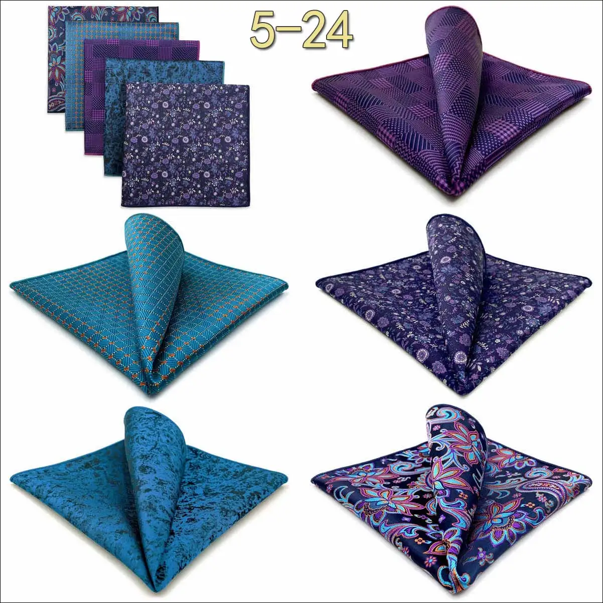 5 Pack Set Mens Pocket Square Handkerchief Multiple Designs Paisley Floral Solid Color Suit Towel Hanky Gentlemen Party Prom