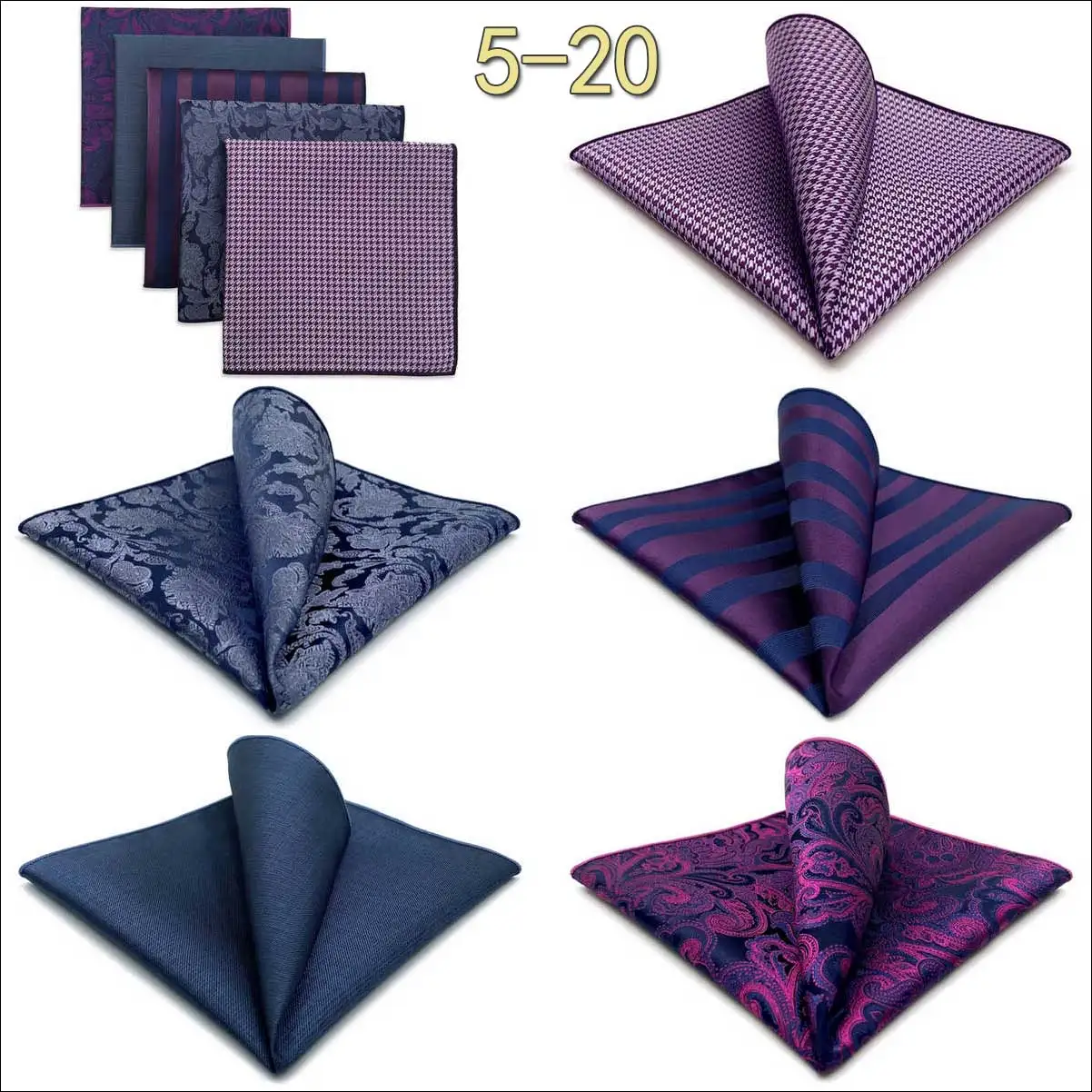 5 Pack Set Mens Pocket Square Handkerchief Multiple Designs Paisley Floral Solid Color Suit Towel Hanky Gentlemen Party Prom