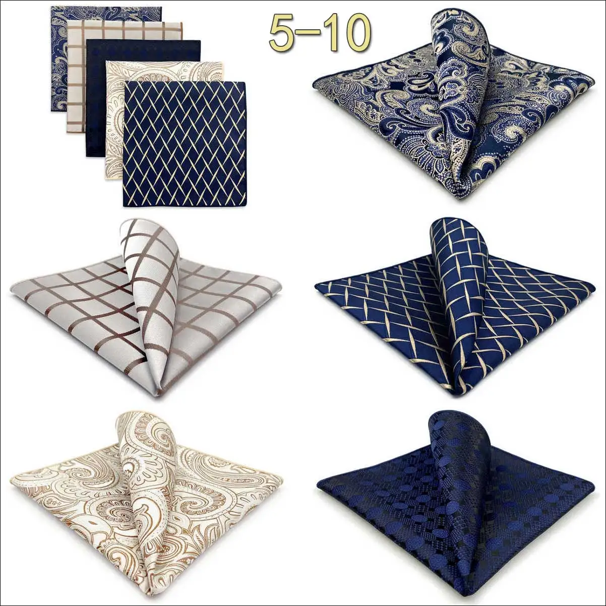 5 Pack Set Mens Pocket Square Handkerchief Multiple Designs Paisley Floral Solid Color Suit Towel Hanky Gentlemen Party Prom