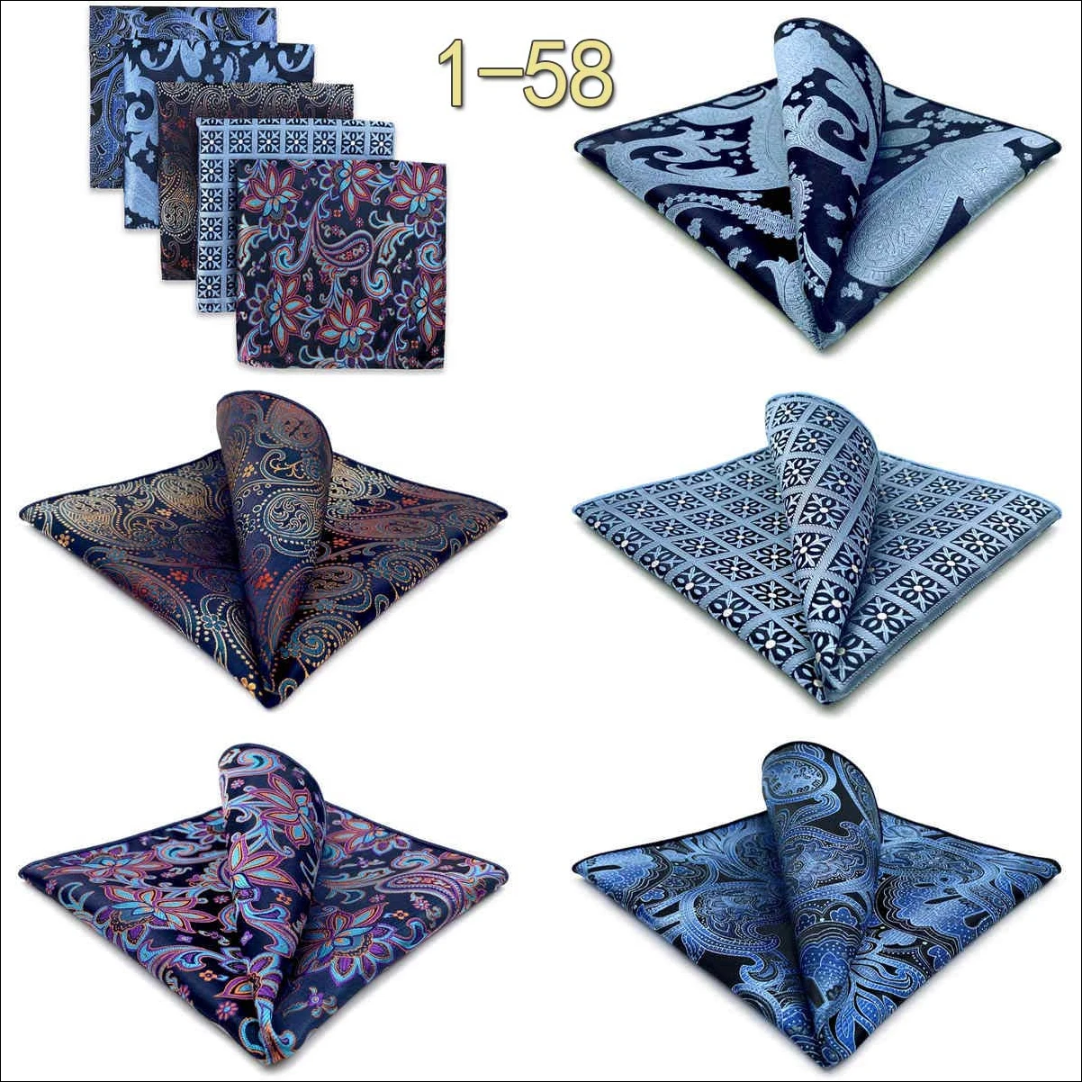 5 Pack Set Mens Pocket Square Handkerchief Multiple Designs Paisley Floral Solid Color Suit Towel Hanky Gentlemen Party Prom