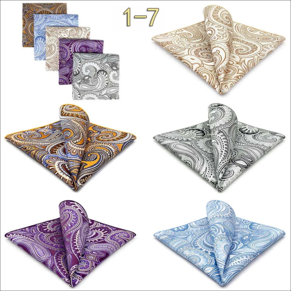 5 Pack Set Mens Pocket Square Handkerchief Multiple Designs Paisley Floral Solid Color Suit Towel Hanky Gentlemen Party Prom