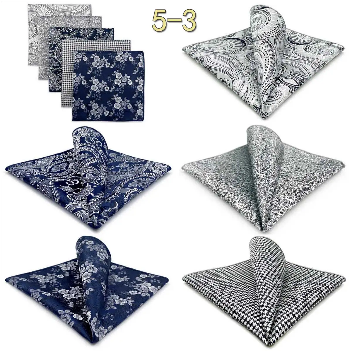 5 Pack Set Mens Pocket Square Handkerchief Multiple Designs Paisley Floral Solid Color Suit Towel Hanky Gentlemen Party Prom