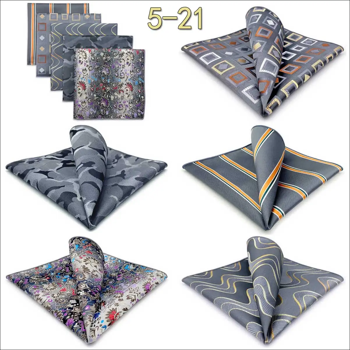 5 Pack Set Mens Pocket Square Handkerchief Multiple Designs Paisley Floral Solid Color Suit Towel Hanky Gentlemen Party Prom