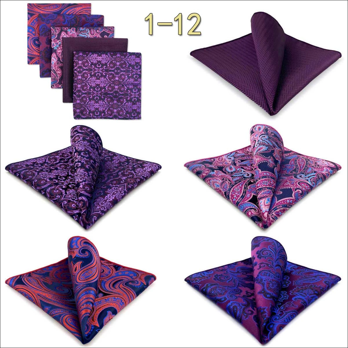 5 Pack Set Mens Pocket Square Handkerchief Multiple Designs Paisley Floral Solid Color Suit Towel Hanky Gentlemen Party Prom