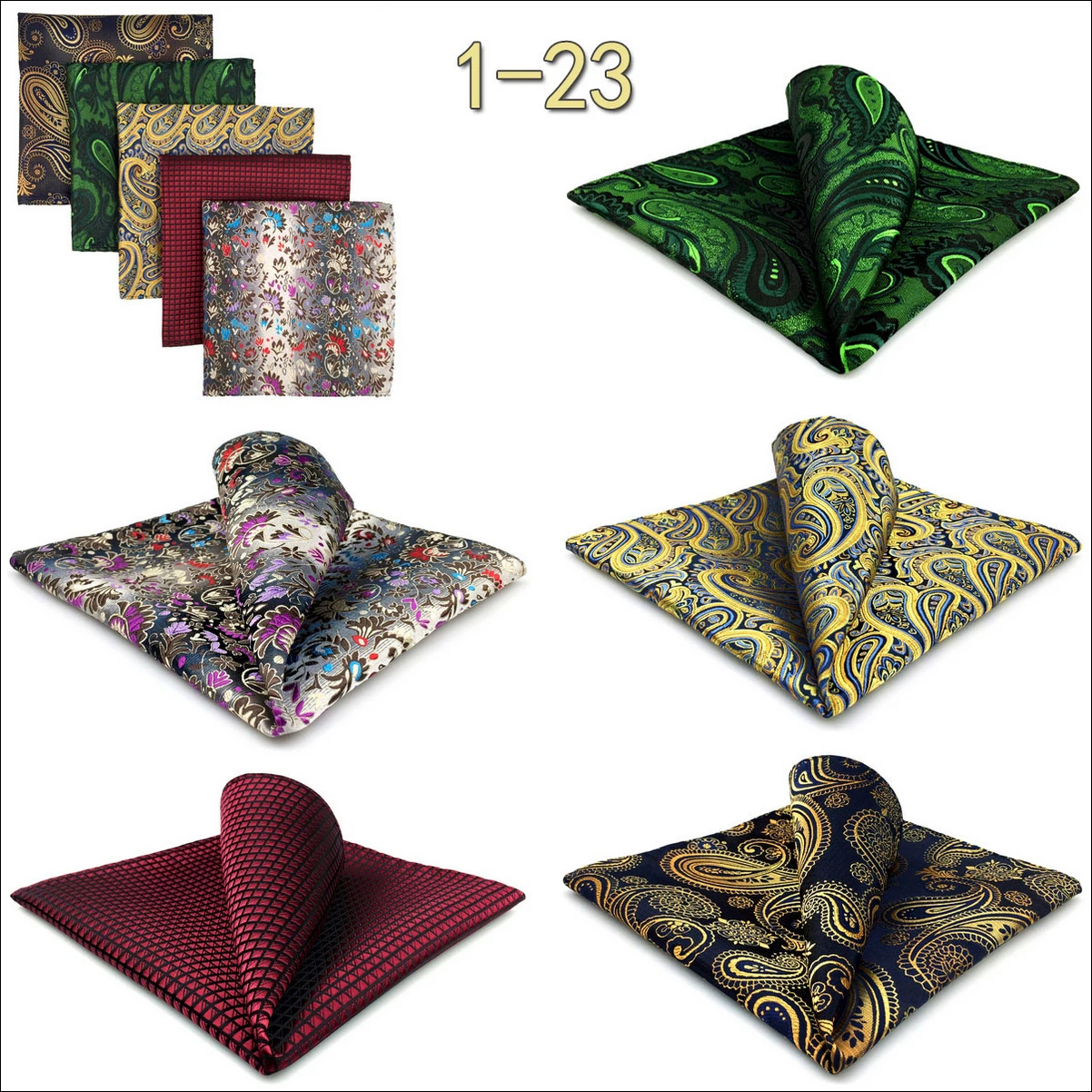 5 Pack Set Mens Pocket Square Handkerchief Multiple Designs Paisley Floral Solid Color Suit Towel Hanky Gentlemen Party Prom