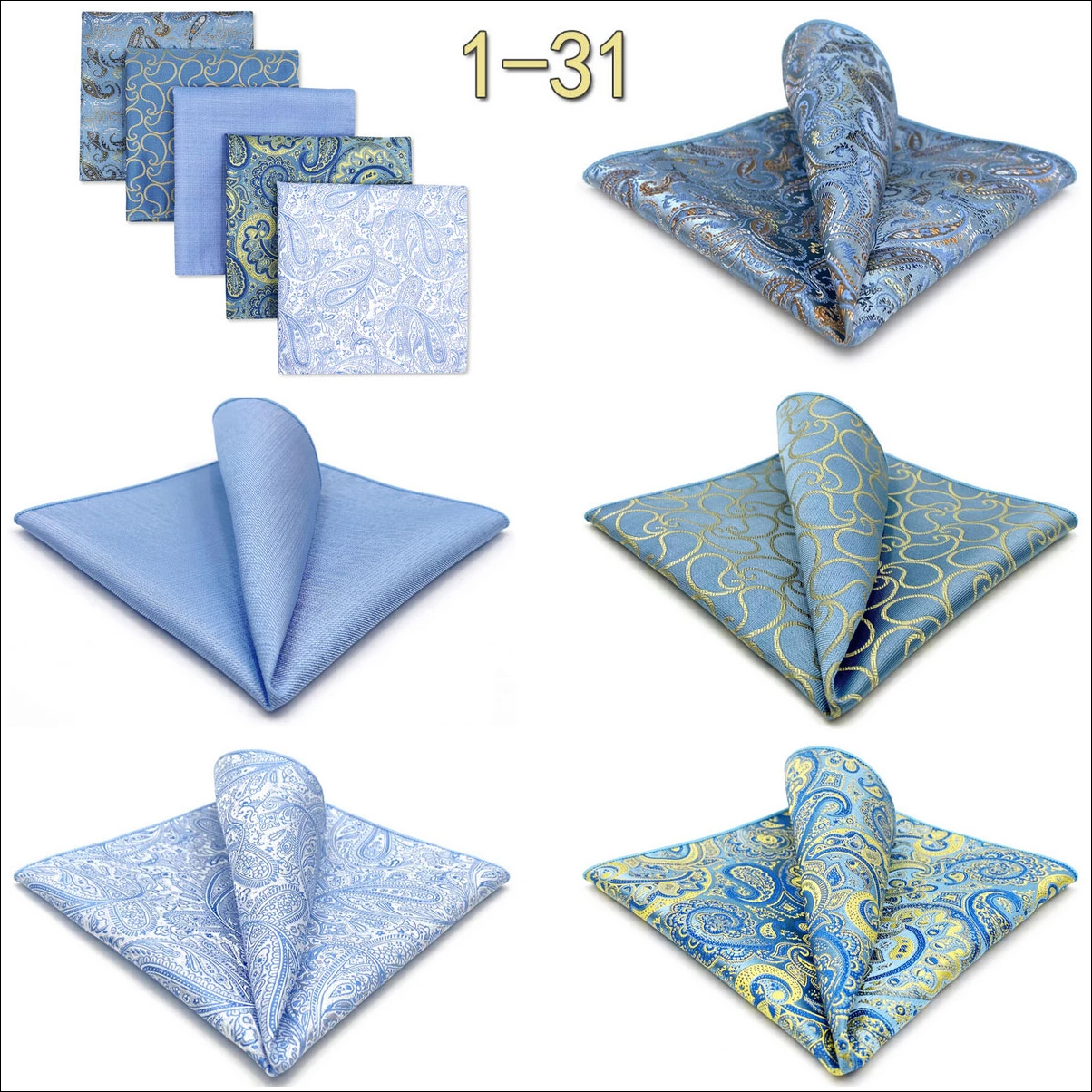 5 Pack Set Mens Pocket Square Handkerchief Multiple Designs Paisley Floral Solid Color Suit Towel Hanky Gentlemen Party Prom