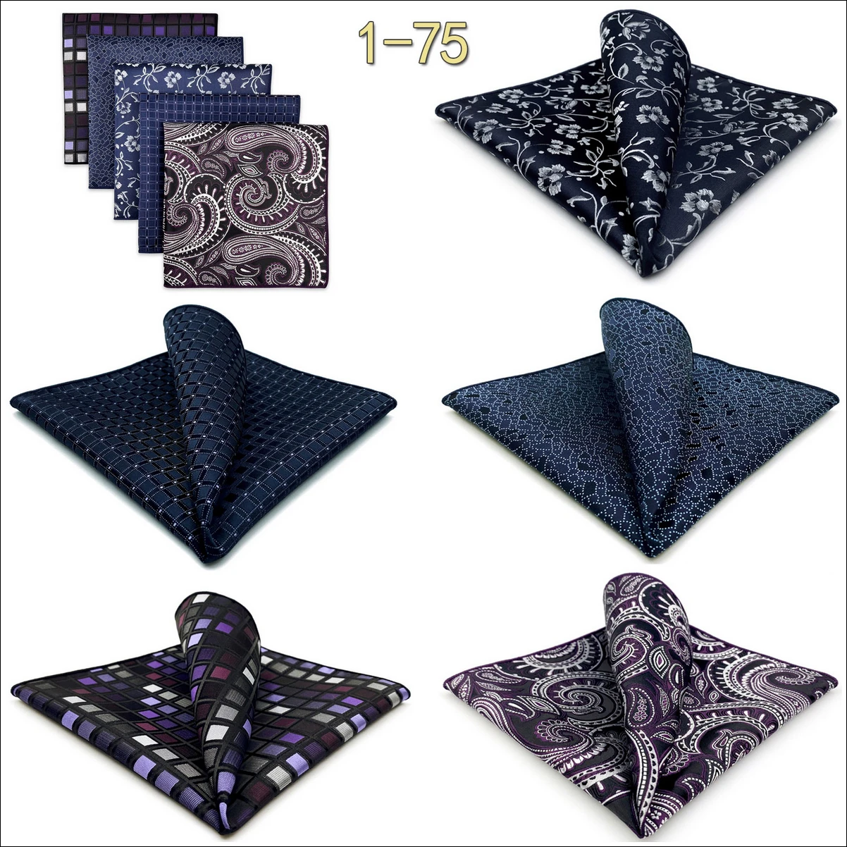 5 Pack Set Mens Pocket Square Handkerchief Multiple Designs Paisley Floral Solid Color Suit Towel Hanky Gentlemen Party Prom