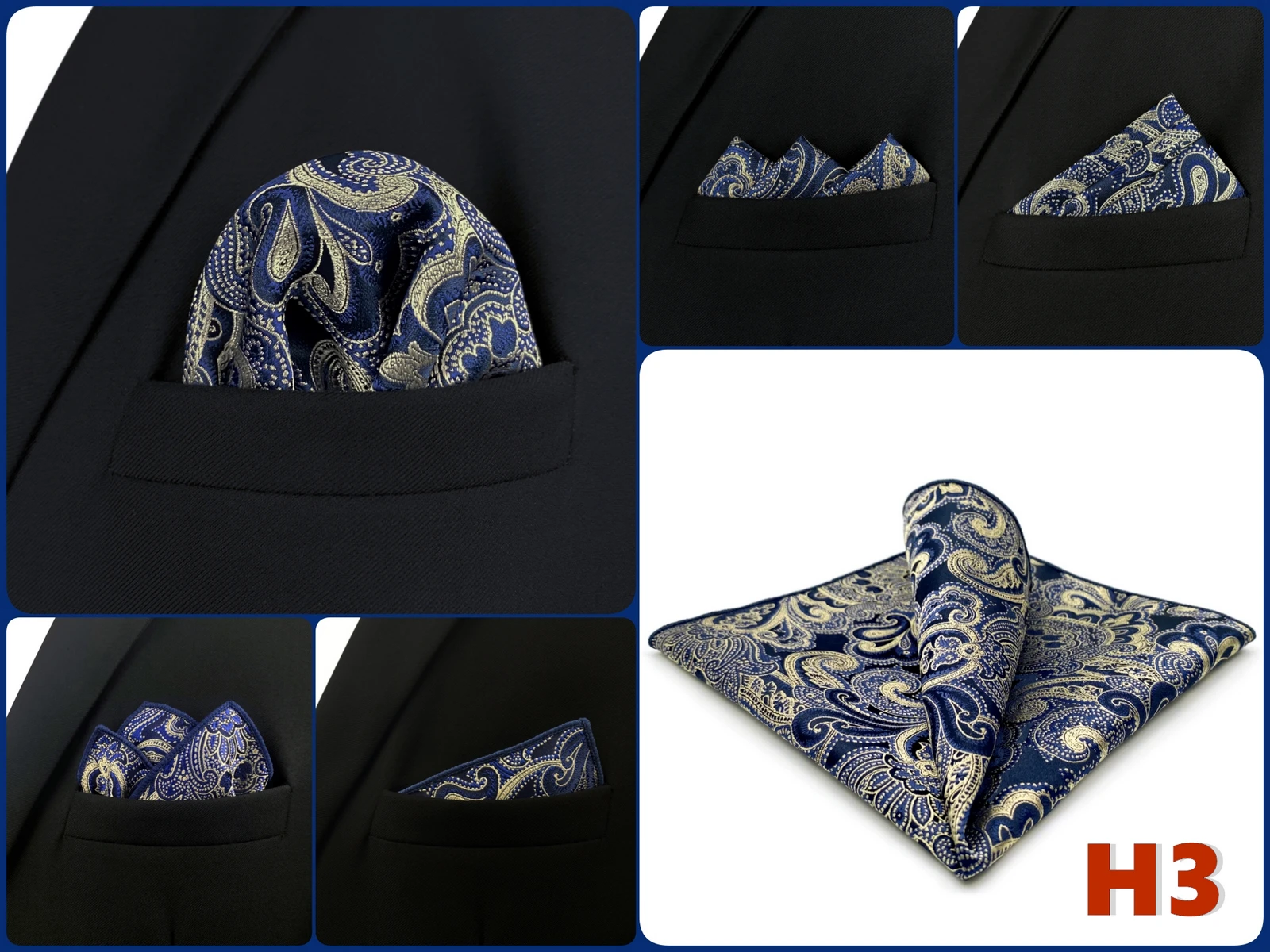 Luxury Mens Pocket Square Handkerchief Blue Navy Brown Paisley Jacquard Suit Hanky Large Classic Gentlemen Wedding Party Gift