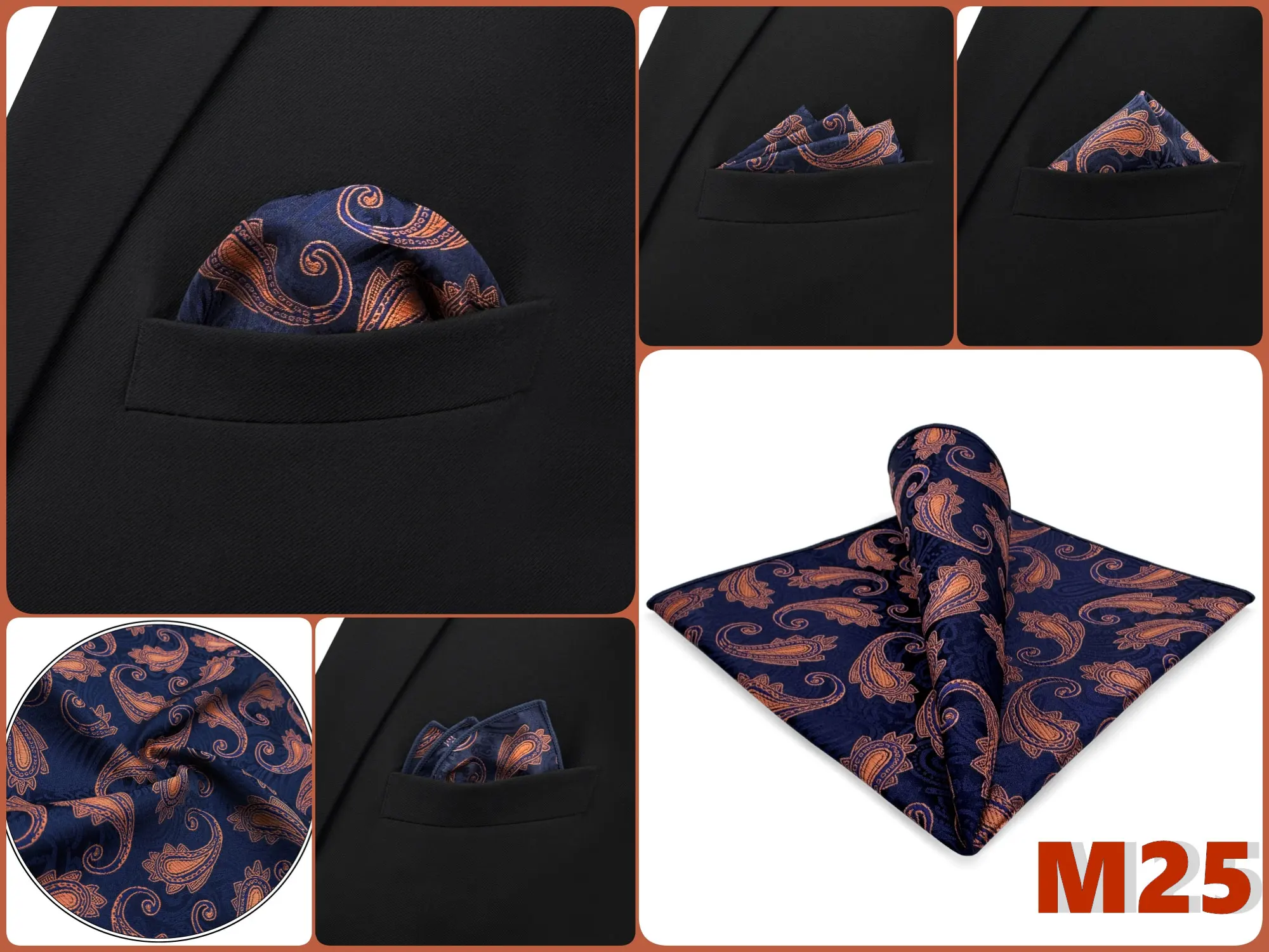 Luxury Mens Pocket Square Handkerchief Blue Navy Brown Paisley Jacquard Suit Hanky Large Classic Gentlemen Wedding Party Gift