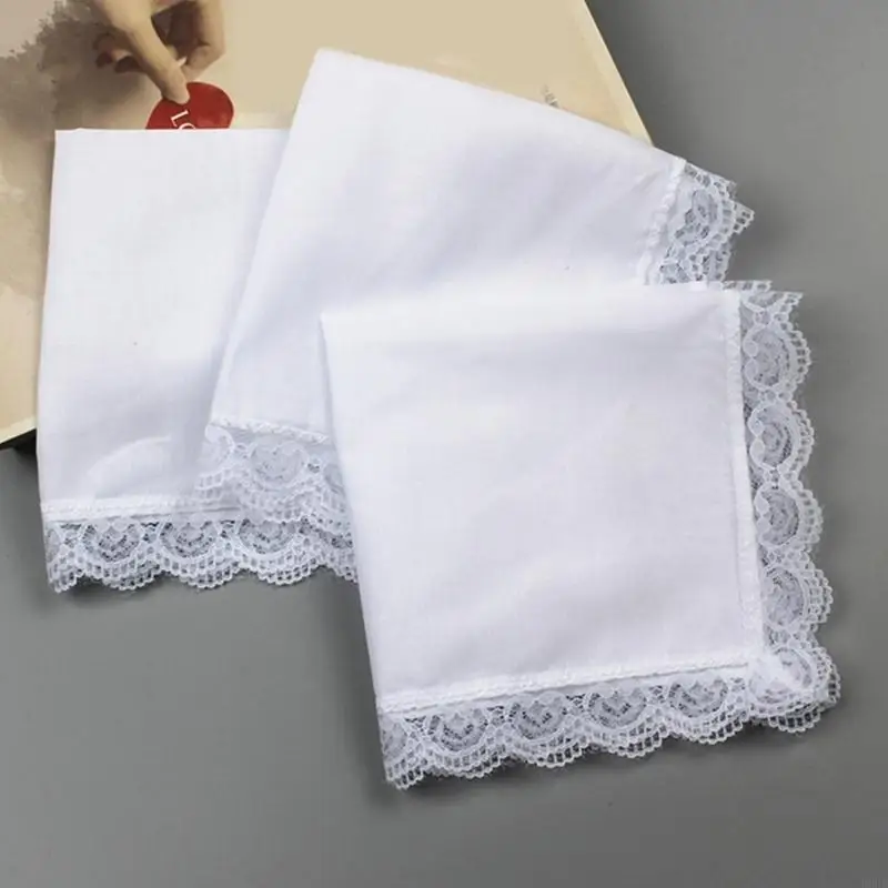 26x27cm Men Women Cotton Handkerchiefs Solid White Hankies Pocket Lace Trim Towel Diy Painting Handkerchiefs for Woman