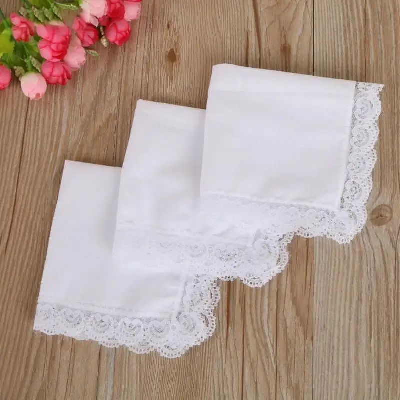 26x27cm Men Women Cotton Handkerchiefs Solid White Hankies Pocket Lace Trim Towel Diy Painting Handkerchiefs for Woman