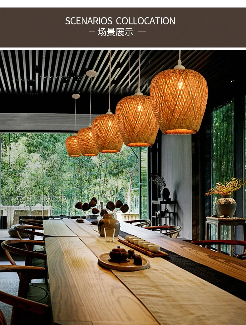 Retro Hand Woven Bamboo Chandelier Chinese Style Droplight Hotel Bedroom Living Room Art Decor Hanging Lamp Indoor Pendant Light