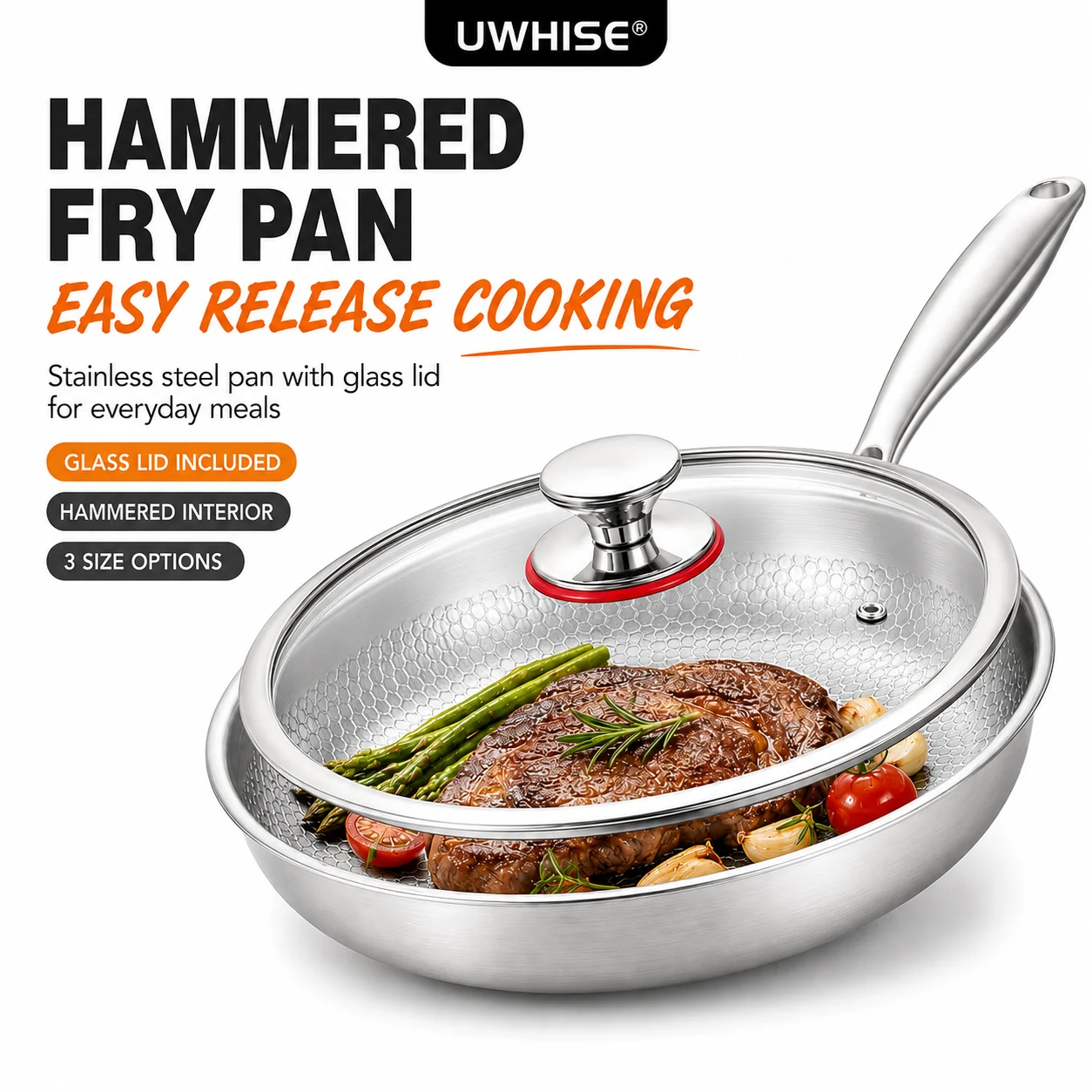 Uwhise Uncoated Titanium Frying Pan Non Stick Hammered Skillet With Glass Lid Metal Utensil Steak Eggs Kitchen Frying Pan