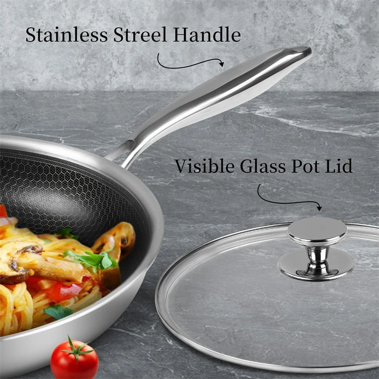 28 30 cm Wok Pan Hybrid Nonstick Frying Pan with Glass Lid Non-toxic 316 Stainless Steel Sauté Pan Skillet Deep Woks Pan JT559
