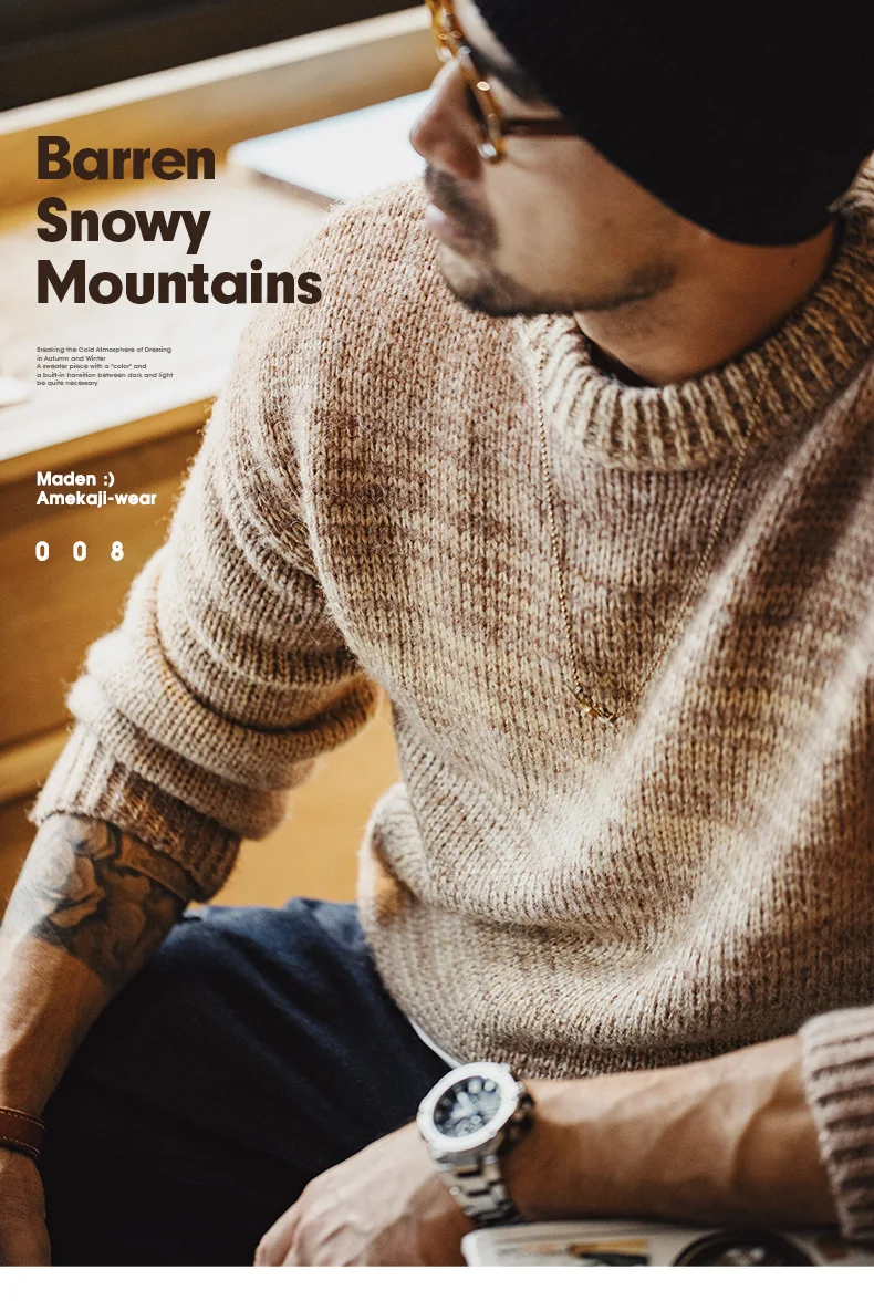Maden Men's Vintage Gradient Stripe Sweater Round Neck Blended Knitted Pullover Warm Base-layer knitwear for Autumn and Winter