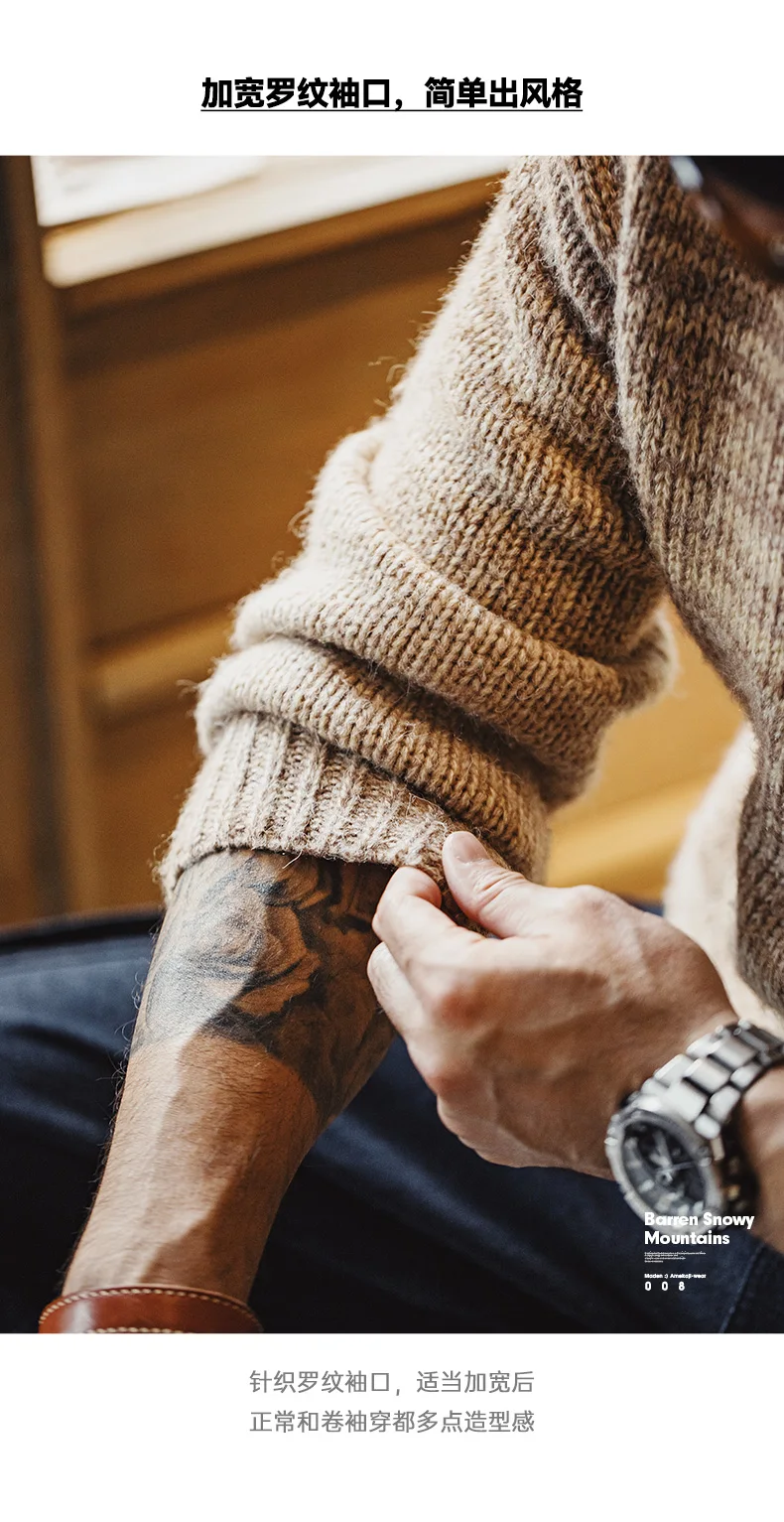 Maden Men's Vintage Gradient Stripe Sweater Round Neck Blended Knitted Pullover Warm Base-layer knitwear for Autumn and Winter
